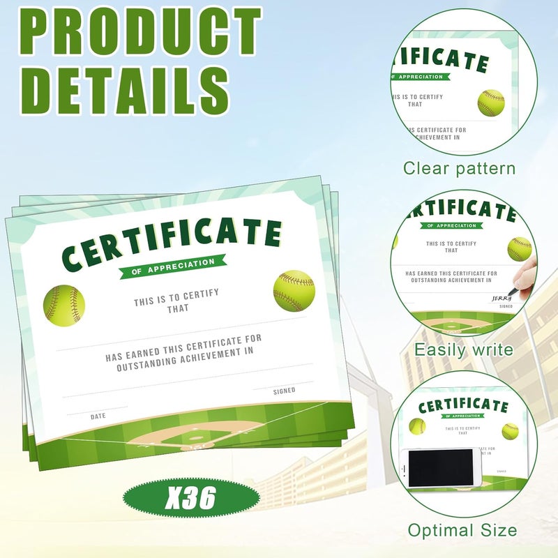 Chiisong 36 Pieces Softball Sports Achievement Award Certificates of Appreciation Sport Certificates for Employee Teacher, 9.84 x 7.87 Inches - Image 3